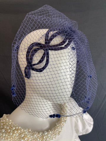 Vintage Blue Veil Headband with Full Head Coverage