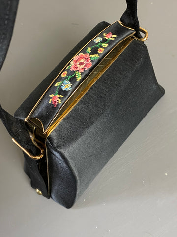 Vintage 1950s Needlepoint Black Satin Mini Bag