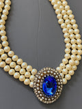Vintage Triple Row Pearls and Blue Crystal Choker