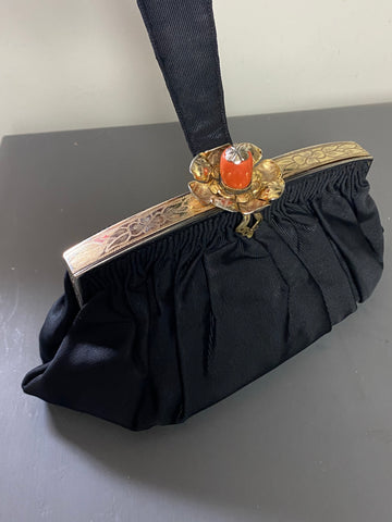 Vintage 1940s Sateen Evening Wristlet Bag with Coral
