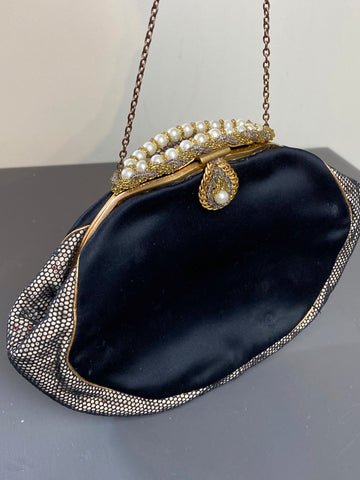 Vintage evening satin bag with ormolu frame and pearls