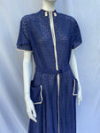 1940s Midnight Blue Broderie Anglais Dress