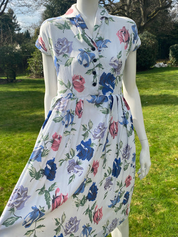 1940s Silk Crepe Flower Print Dress