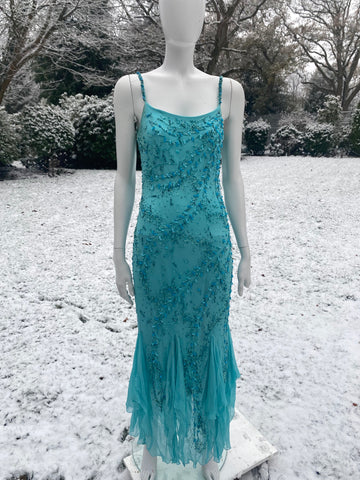 1990s Bias Cut Beaded Blue Dress