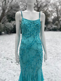1990s Bias Cut Beaded Blue Dress