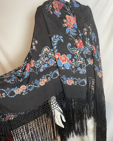 Art Deco Black Silk and Roses Piano Shawl