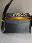 Vintage 1950s Needlepoint Black Satin Mini Bag