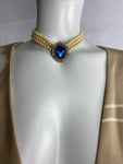 Vintage Triple Row Pearls and Blue Crystal Choker