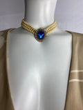 Vintage Triple Row Pearls and Blue Crystal Choker